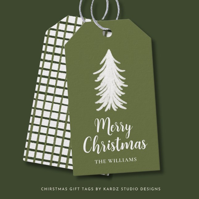 Étiquettes Cadeau de vacances de Script d'arbre ve (Personalize Holiday Gift tags with a white tree over a forest green background and cute checks)
