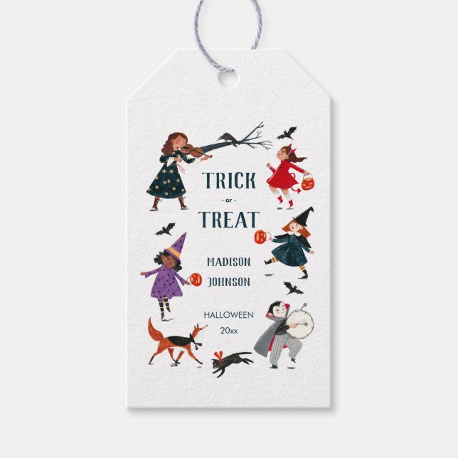Étiquettes-cadeau Défilé de costumes d'enfants pour Halloween (Devant)