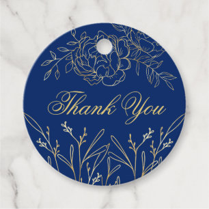 Étiquettes Cadeau Délicat Royal Blue Gold Floral Sketch Merci