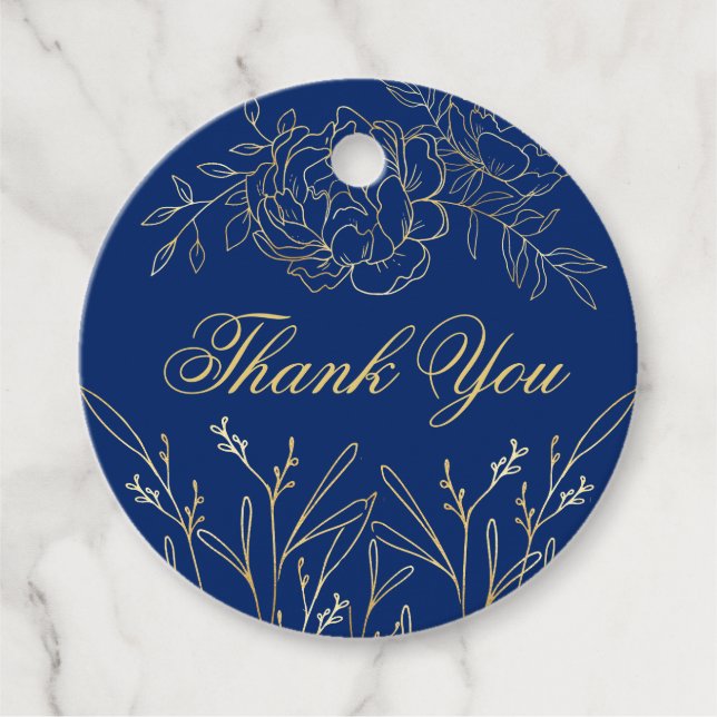 Étiquettes Cadeau Délicat Royal Blue Gold Floral Sketch Merci (Devant)