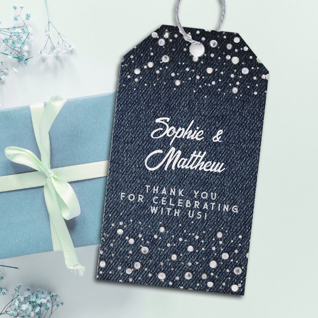 Étiquettes-cadeau Denim Diamonds Pearls Blue Couple Wedding shower (denim and pearls couple wedding shower gift tag coed bridal shower his hers blue jeans white elegant)