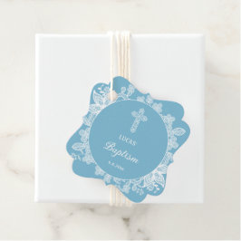 Étiquettes Cadeau Dentelle blanche sur Pastel Baptême bleu