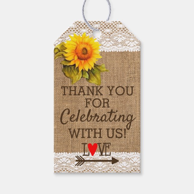 Étiquettes-cadeau Dentelle de tournesol et Burlap Images Mariage Fav (Devant)