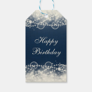 Étiquettes-cadeau Dentelle et perles élégantes sur bleu Joyeux anniv