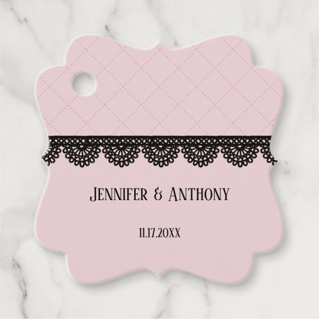 Étiquettes Cadeau Dentelle noire sur Soft Pink Mariage personnalisé (Devant)