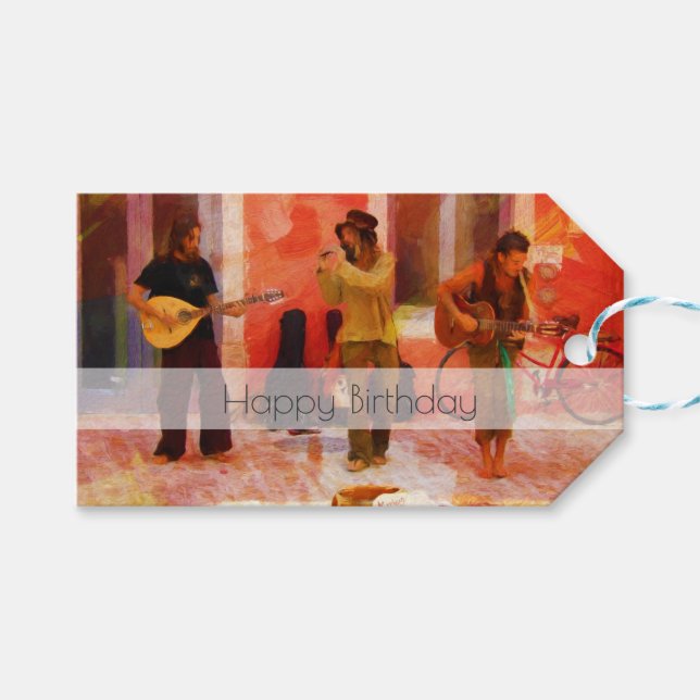 Étiquettes-cadeau Des Musiciens De Rue Jouent Ensemble Joyeux Annive (Devant (Horizontal))