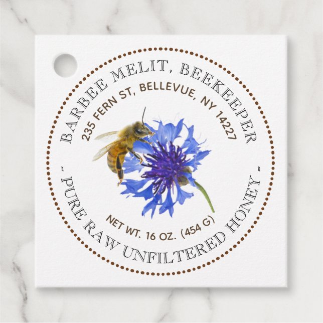 Étiquettes Cadeau Description du miel Balise d'abeille à fleurs bleu (Devant)