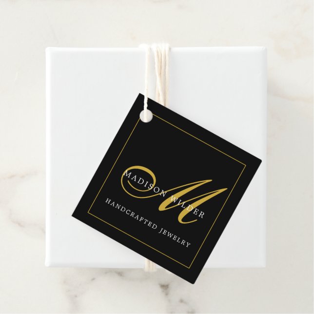Étiquettes Cadeau Design de bijoux Monogramme Noir Or Moderne (En situation)
