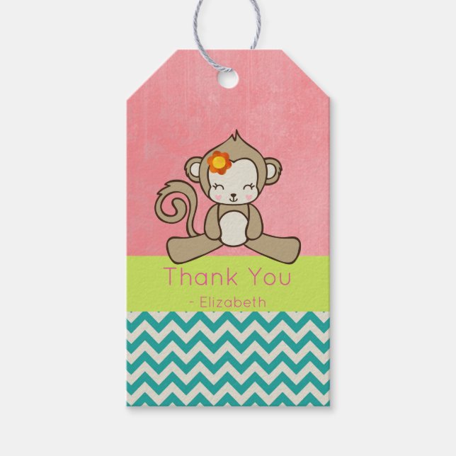 Étiquettes-cadeau Dessin De Fille Singe Kawaii Et Merci Mignonne (Devant)