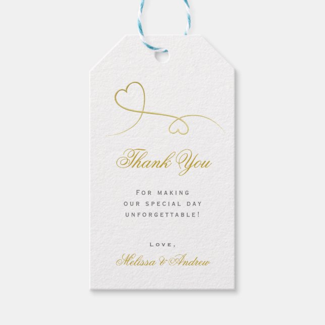 Étiquettes-cadeau Deux Coeurs Or Élégants | MERCI MARIAGE (Devant)