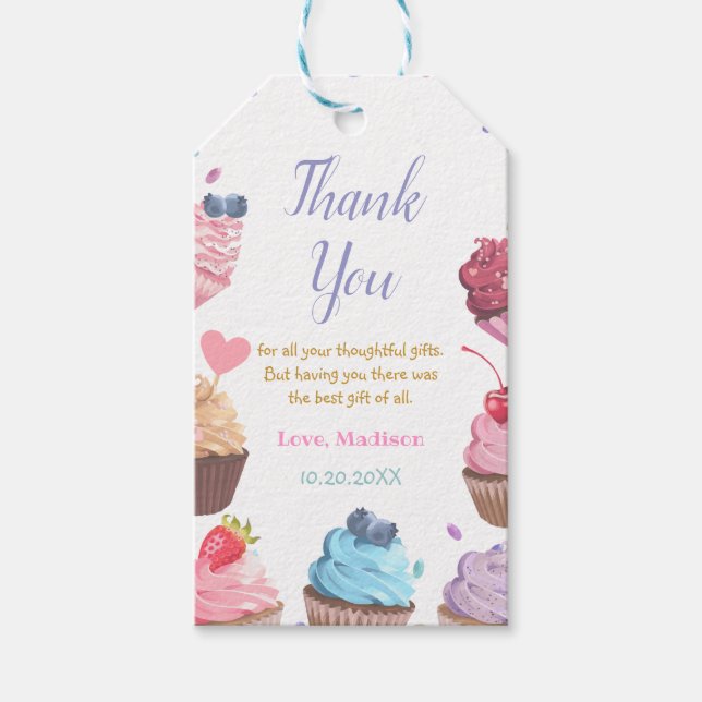 Étiquettes-cadeau Deux Cupcake sucré 2e fête de bonbons d'anniversai (Devant)