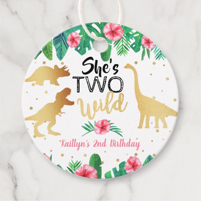 Étiquettes Cadeau Deux Dinosaures Filles sauvages 2e fête d'annivers (Devant)