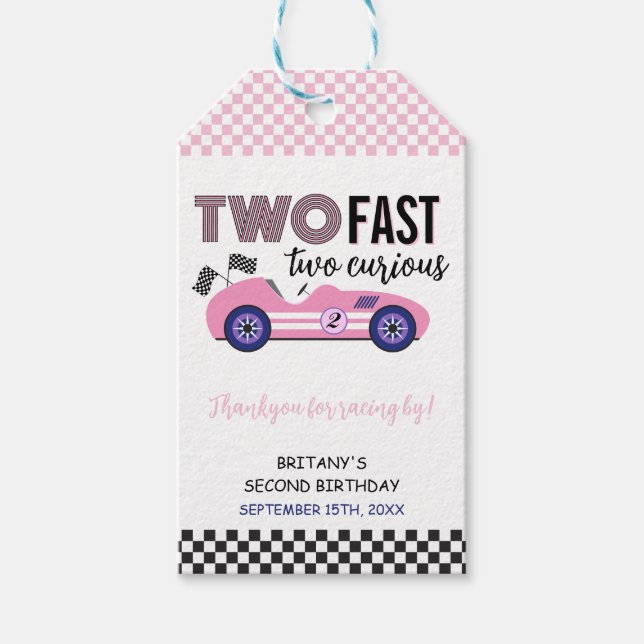 Étiquettes-cadeau Deux voitures de course rose rapide deuxième anniv (Devant)