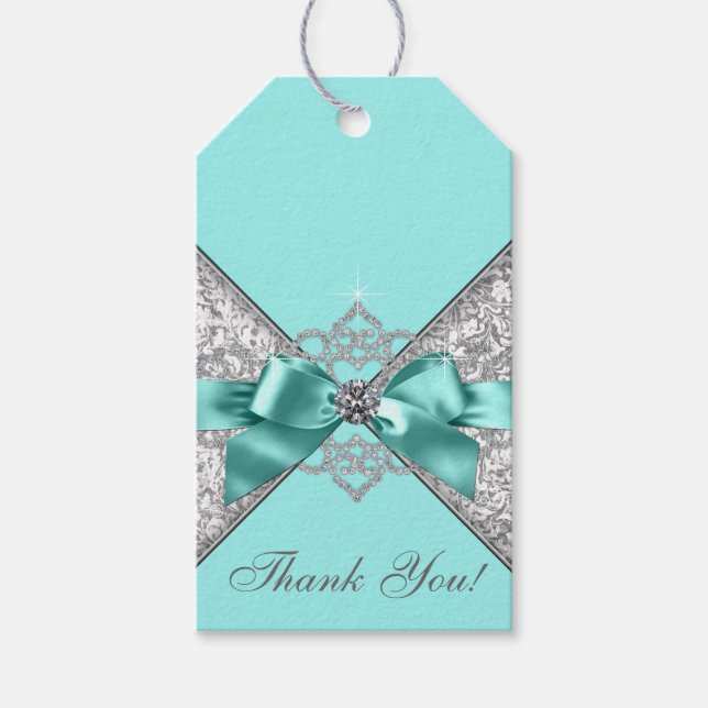 Étiquettes-cadeau Diamants blancs Turquoise Bleu fête d'anniversaire (Devant)