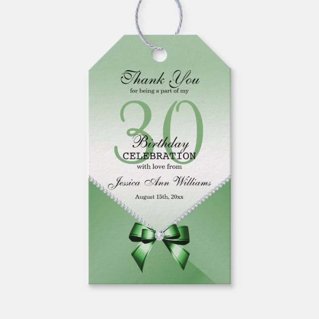 Étiquettes-cadeau Diamants romantiques et Bow d'émeraude 30e anniver (Devant)