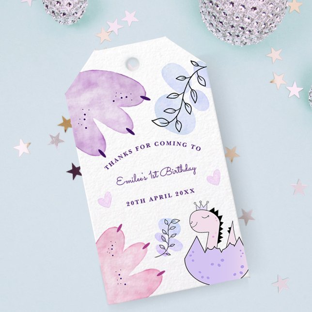 Étiquettes-cadeau Dinosaur Anniversaire Pink Purple Merci (Créateur téléchargé)