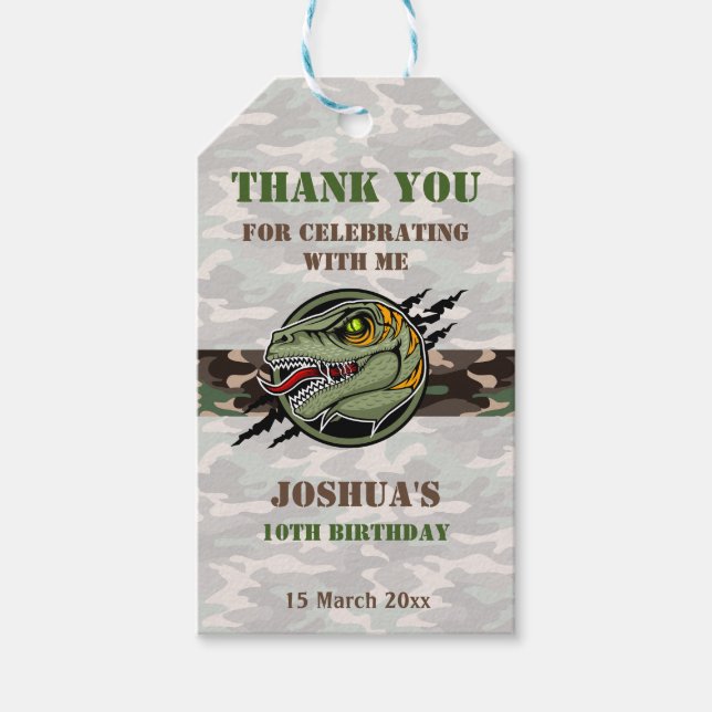 Étiquettes-cadeau Dinosaur anniversaire raptor armée camouflage rayu (Devant)