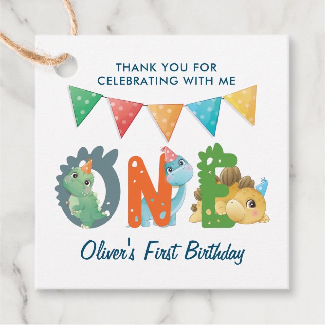 Étiquettes Cadeau Dinosaur premier anniversaire Merci photo (Devant)
