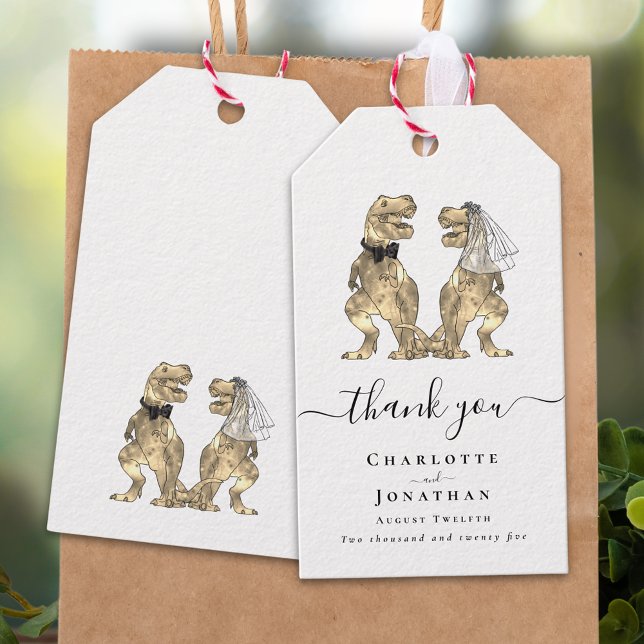 Étiquettes-cadeau Dinosaur Thème Mariage Merci (Dinosaur bride and groom personalized black and white wedding thank you favor tags elegant script)