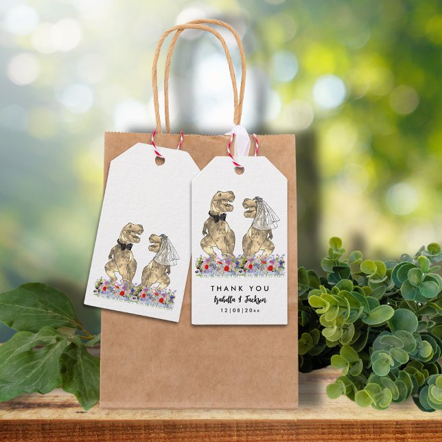 Étiquettes-cadeau Dinosaur Thème Mariage Merci (Dinosaur T-Rex bride and groom watercolor summer florals custom wedding thank you favor tags)