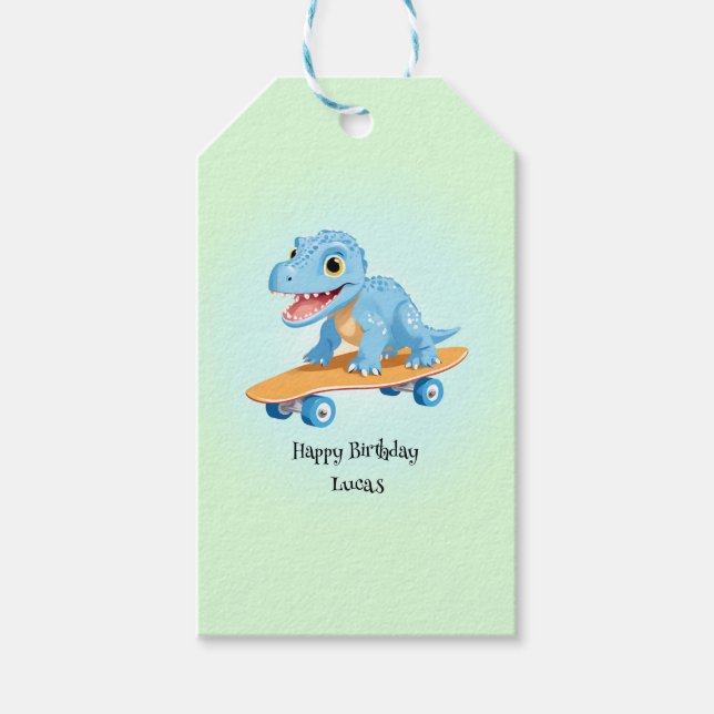 Étiquettes-cadeau Dinosaure amusant Skateboard garçons de fête d'ann (Devant)