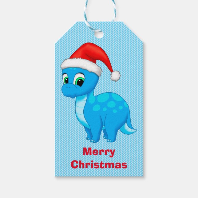 Étiquettes-cadeau Dinosaure Bébé Bleu mou à Santa Hat (Devant)