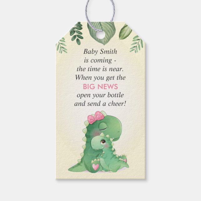 Étiquettes-cadeau Dinosaure Bébé Fille Douche Sprinkle Bouteille Fav (Devant)
