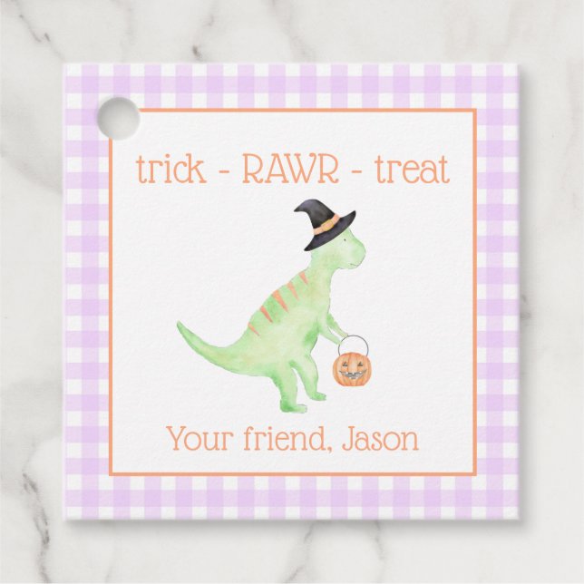 Étiquettes Cadeau Dinosaure Treat Rawr Purple Orange Halloween Enfan (Devant)