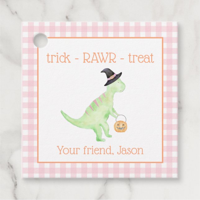 Étiquettes Cadeau Dinosaure Treat Rawr Rose Orange Halloween Enfants (Devant)
