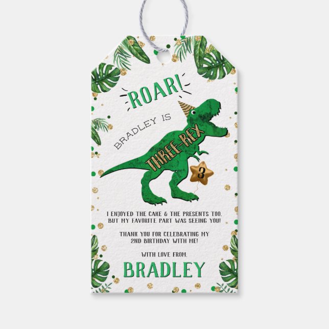 Étiquettes-cadeau Dinosaure Trois Rex 3e Merci de fête d'anniversair (Devant)