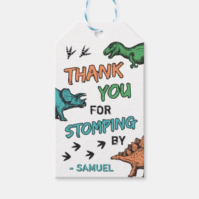Étiquettes-cadeau Dinosaures Stomp Chomp Roar Anniversaire Merci (Devant)