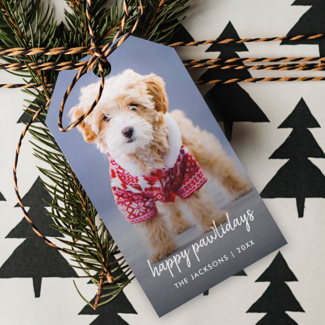 Étiquettes-cadeau Dog Christmas | Cute Puppy Happy Pawlidays (“Happy Pawlidays” gift tags by Guava, featuring your pet’s photo in a modern handwritten style)