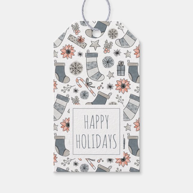 Étiquettes-cadeau Doodles de Noël à l'aquarelle mignonne (Devant)
