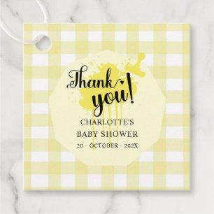Étiquettes Cadeau Douce Baby Shower Gingham Jaune Pastel
