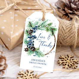 Étiquettes-cadeau Douche d'hiver nuptiale d'aquarelle de pins d'eau