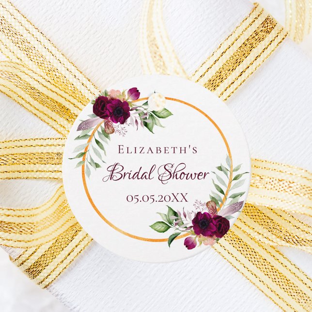 Étiquettes Cadeau Douche nuptiale or floral géométrique bordeaux (Créateur téléchargé)