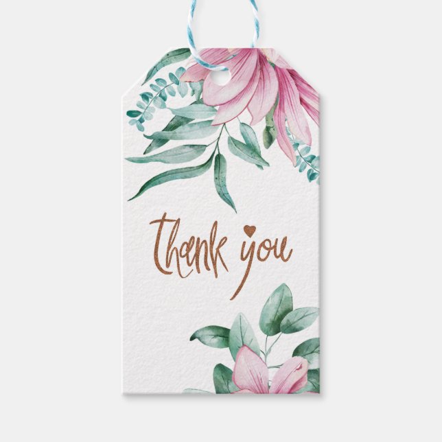 Étiquettes-cadeau Douche nuptiale rose floral en cuivre Merci (Devant)