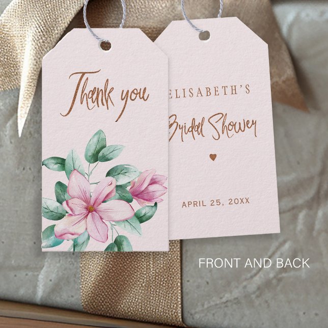 Étiquettes-cadeau Douche nuptiale rose floral en cuivre Merci (Créateur téléchargé)