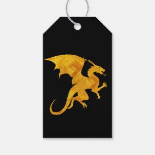 Étiquettes-cadeau Dragon Volant Mythique Or et Noir Frappant
