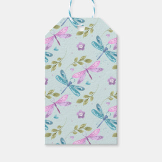 ÉTIQUETTES-CADEAU DRAGONFLIERS DE COULEUR D'EAU ROSE BLEU