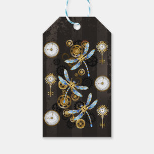Étiquettes-cadeau Dragonflies de Steampunk sur arrière - plan rayé b