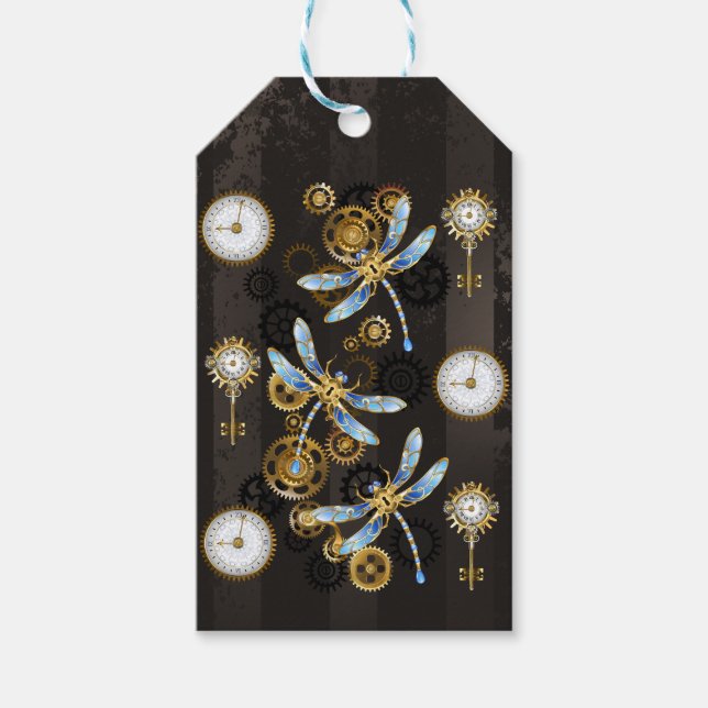 Étiquettes-cadeau Dragonflies de Steampunk sur arrière - plan rayé b (Devant)