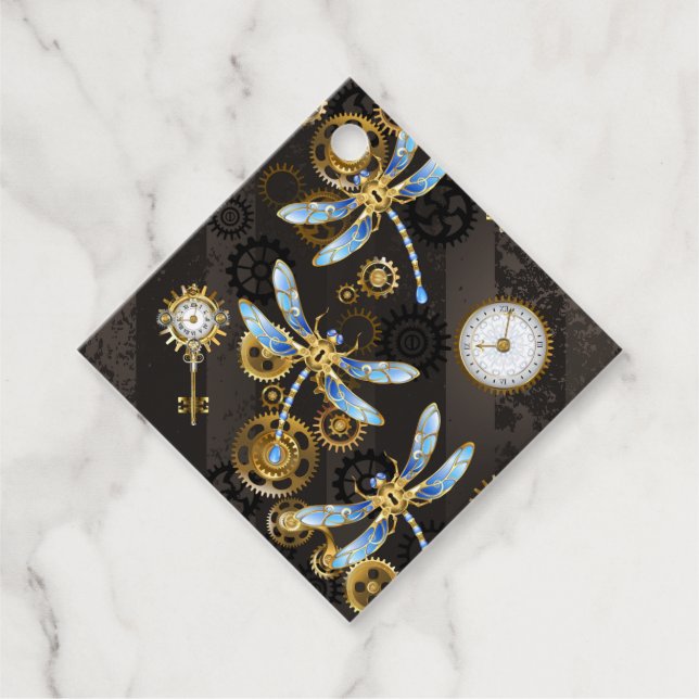 Étiquettes Cadeau Dragonflies de Steampunk sur arrière - plan rayé b (Devant)