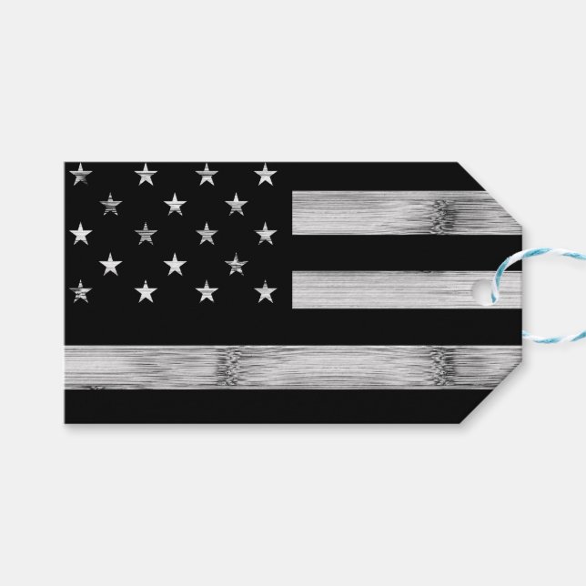 Étiquettes-cadeau Drapeau américain Bois rustique Noir Blanc Patriot (Devant (Horizontal))