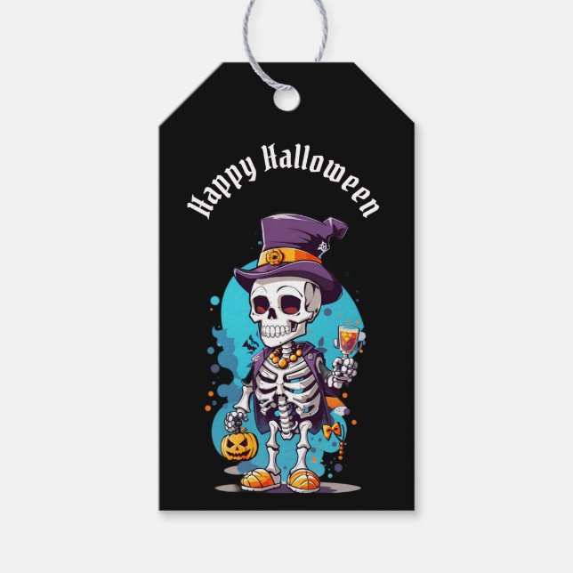 Étiquettes-cadeau Drôle Halloween Squelette portant Top Hat (Devant)