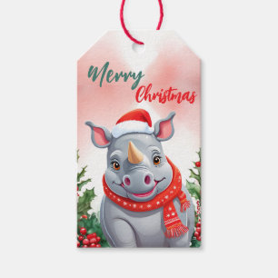 Étiquettes-cadeau Drôle Joyeux Noël Wreath Cute Rhino père Noël