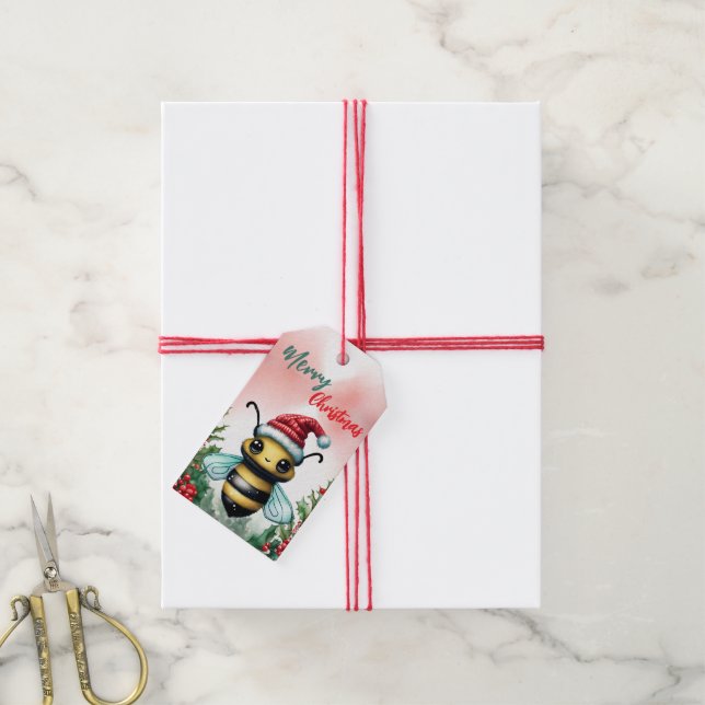 Étiquettes-cadeau Drôle Joyeux Noël Wreath mignonne BEE Bug père Noë (Avec de la ficelle)