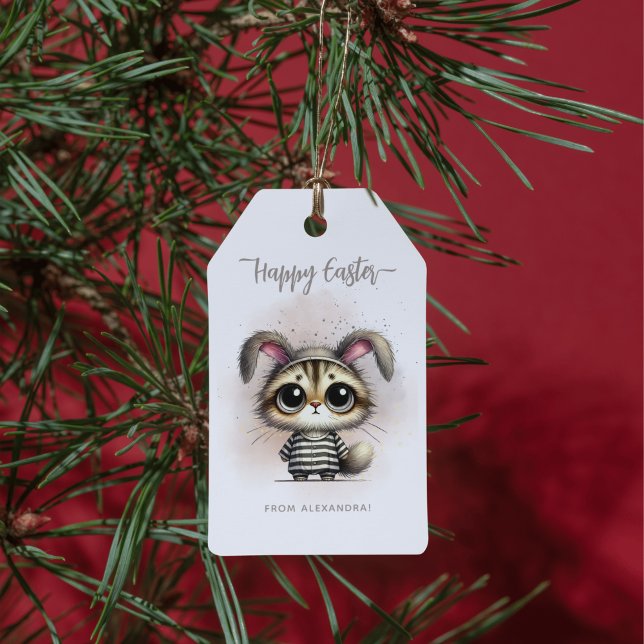 Étiquettes-cadeau Drôle mignon Kitty en pyjama Joyeux Pâques (Créateur téléchargé)