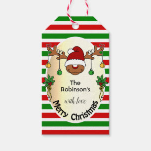 Étiquettes-cadeau Drôle Noël Cerf rouge et vert rayé personnalisé