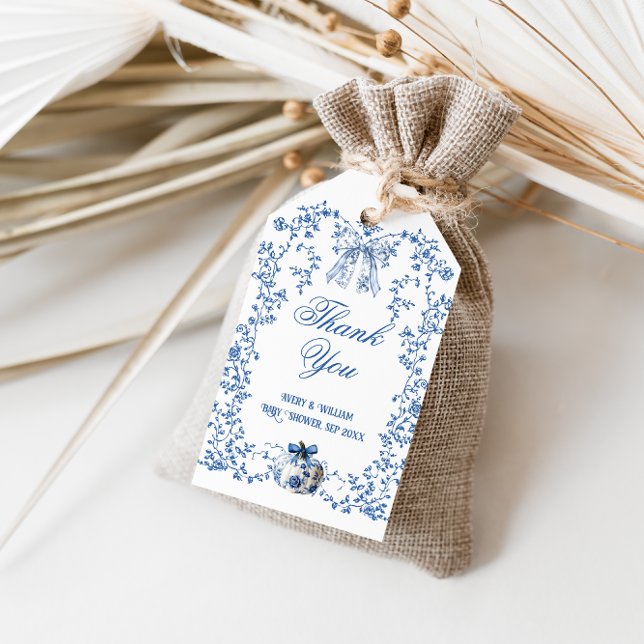 Étiquettes-cadeau Dusty Blue Citrouille Fall Floral Boy Baby shower (Créateur téléchargé)